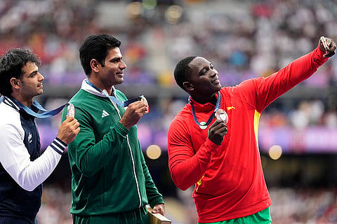 2024 Paris Olympics men's javelin silver medalist, Neeraj Chopra, Arshad Nadeem, gold medalist, and bronze medalist Anderson Peters